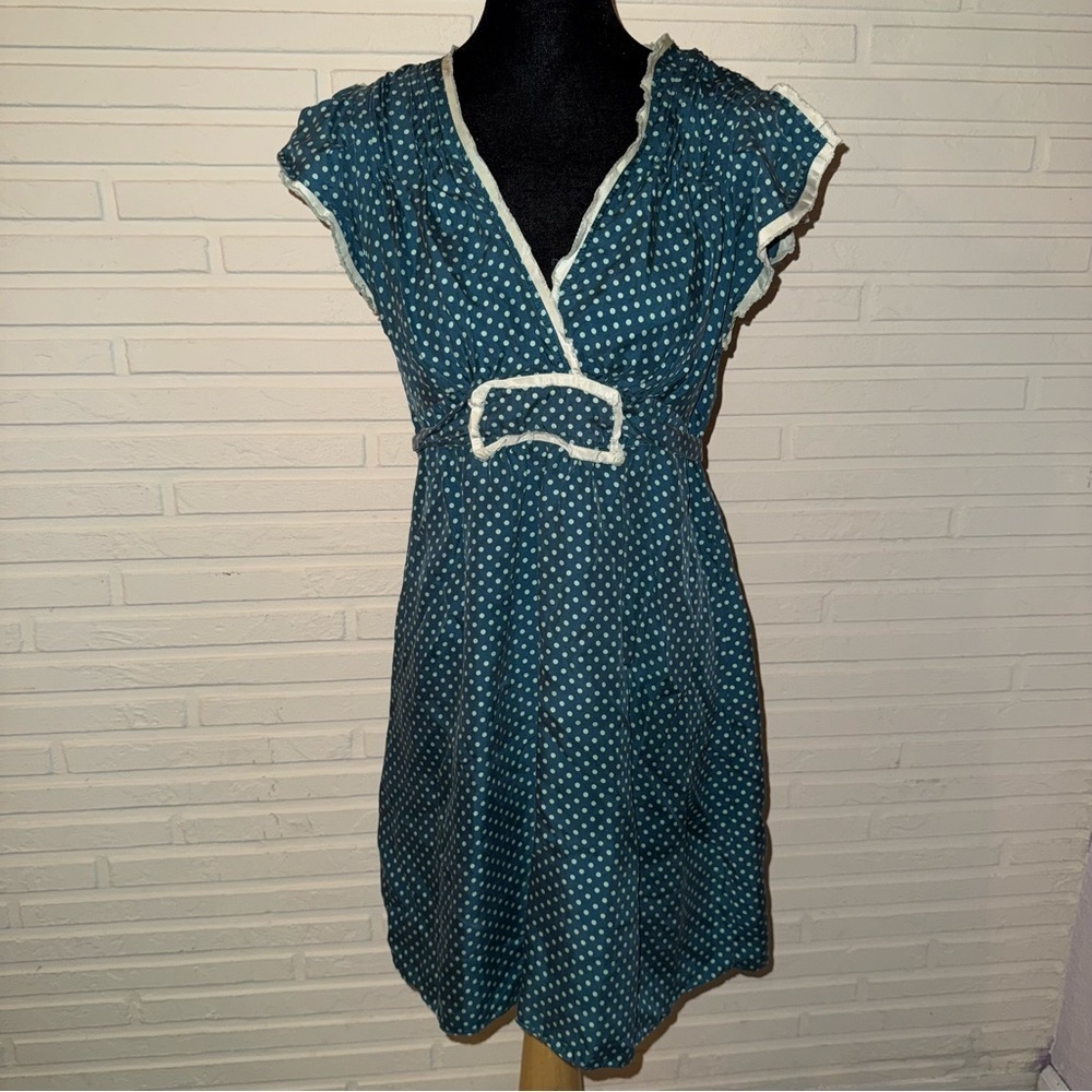Betsey Johnson Teal Polka Dot Dress with White Trim